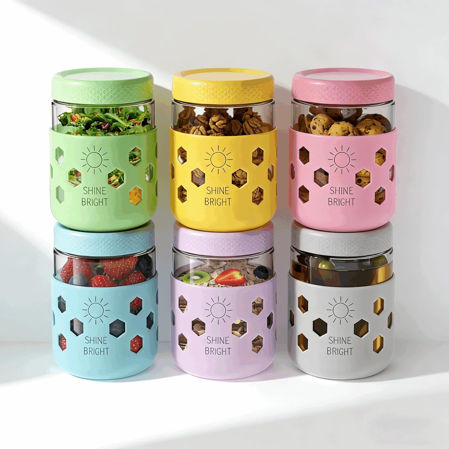 6 Pack Glass Overnight Oats Containers with Lids, 16 oz Mason Jars with Silicone Sleeves, Airtight Leak-Proof Meal Prep Jars for Chia Pudding, Oatmeal, Yogurt, Snacks, Smoothies, Salads