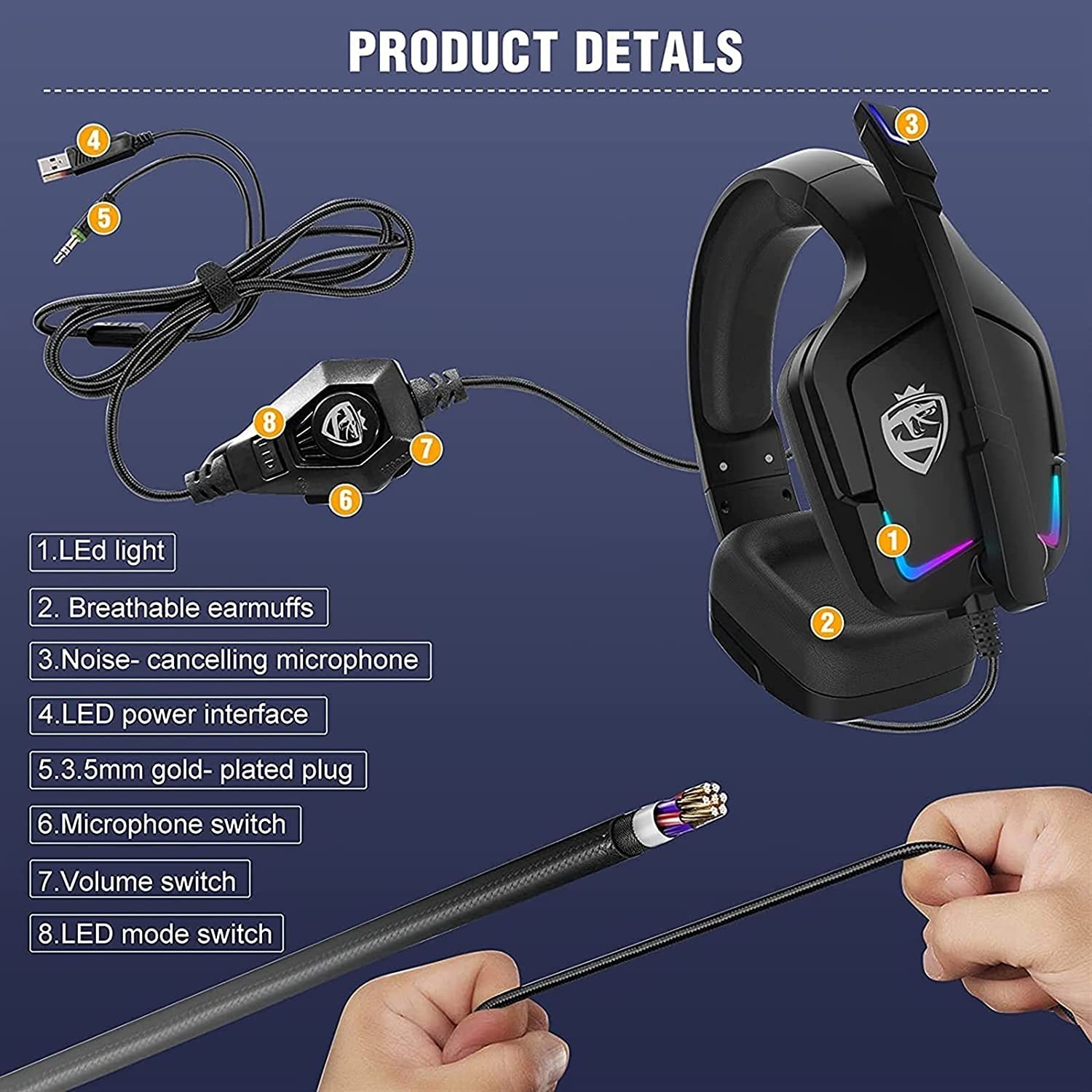 RajoNN Auriculares para Juegos PS4 Auriculares Xbox One con Sonido Envolvente 7.1, micrófono con cancelación de Ruido y luz LED, Compatible con Xbox One, PS3, PS4, PS5, PC