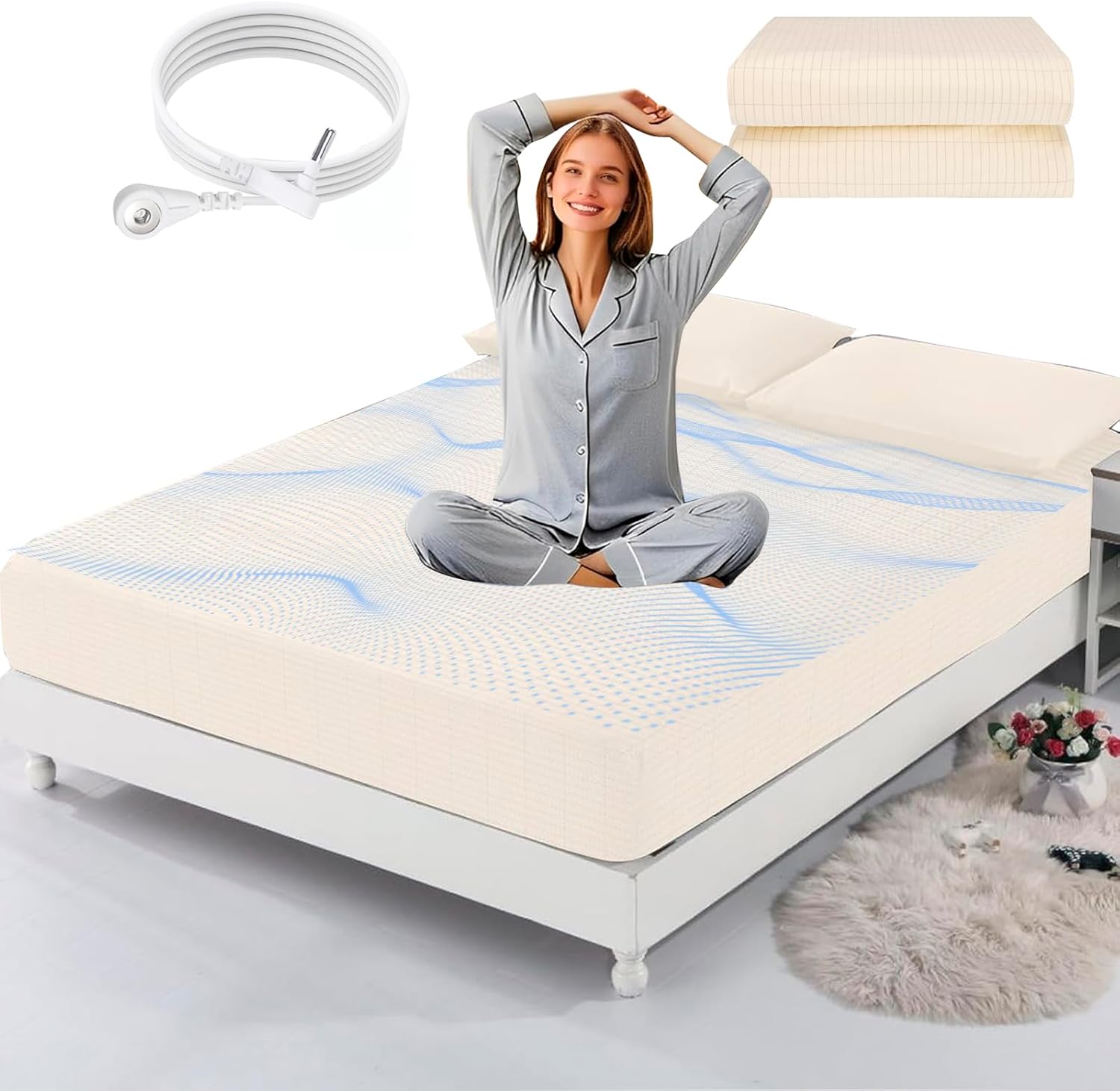 Grounding Fitted Sheets King Conductive Sheets Cover for Bed Silver Fiber Grounding Sheets with 15ft Grounding Cord for Bed Healthy Better Sleep Discomfort Relief (78″x80″x14″) Beige