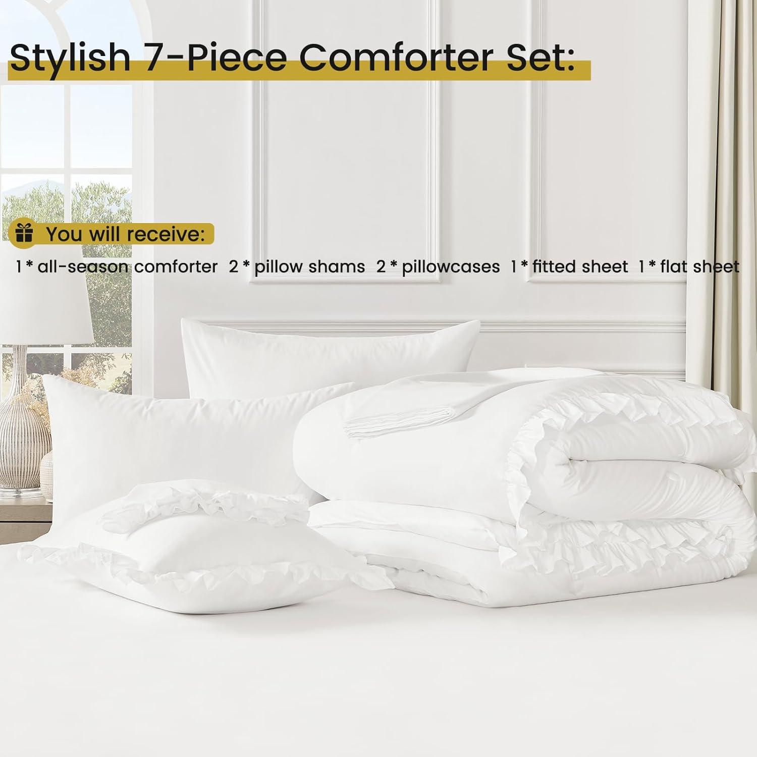 QUIETSEA King Size Bed in a Bag 7 Pieces King Size Comforter Set, Ruffle Shabby Chic Bedding Comforter Set White Bed Set with Comforter, Pillowcases, Flat Sheet, Fitted Sheet and Pillow Shams - Image 7