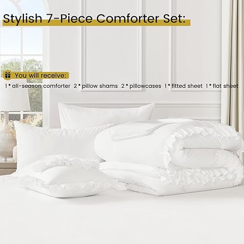 Miniatura 7 de QUIETSEA Juego de edredón de 7 piezas tamaño King en una bolsa, juego de edredón con volantes, juego de cama blanco con edredón, fundas de almohada,