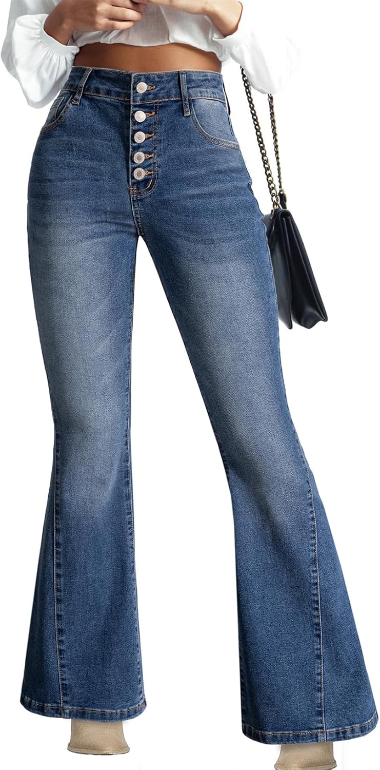 Sidefeel Flare Jeans for Women High Waisted Stretchy Bell Bottoms Wide Leg Side Seam Denim Pants