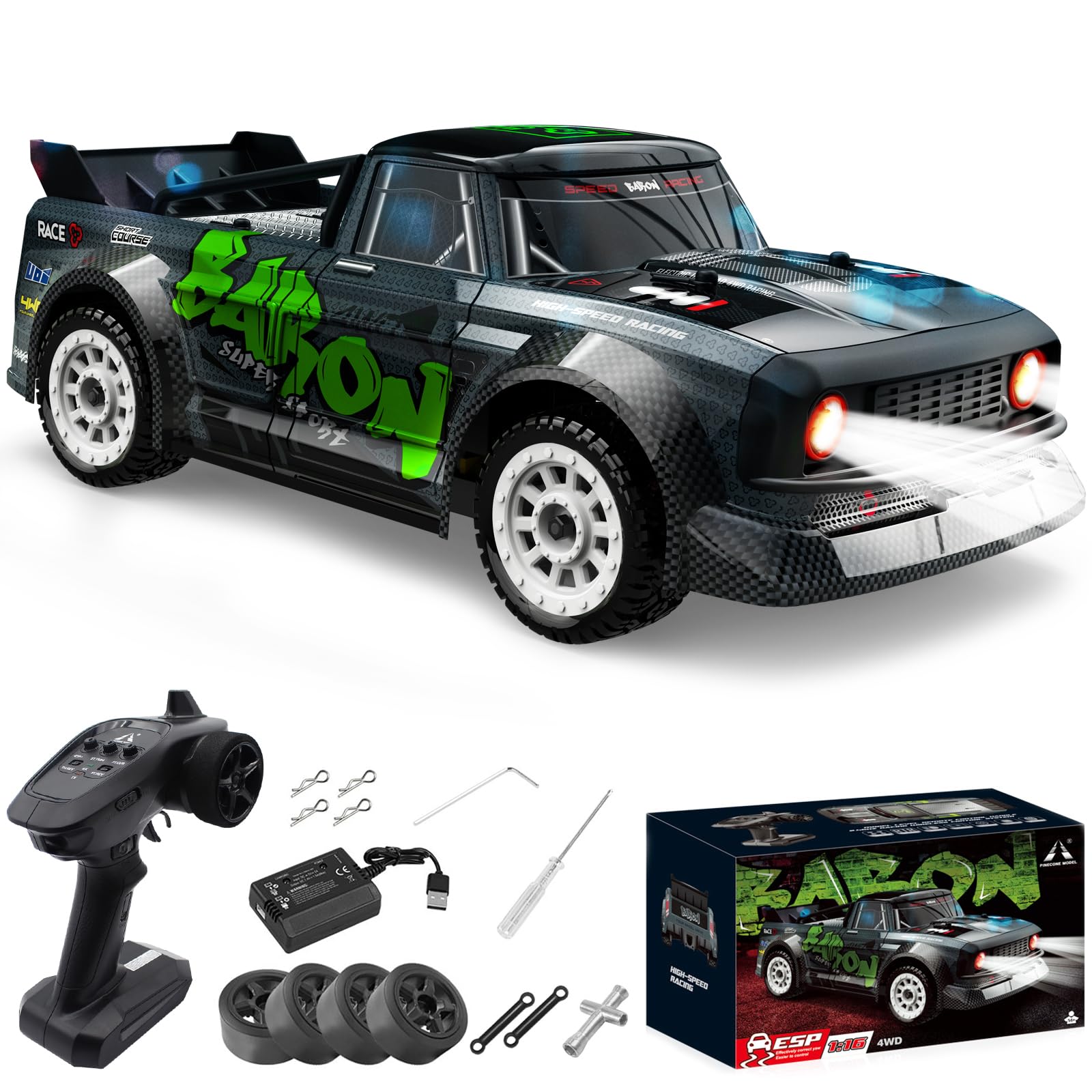 fisca 1/16 télécommande Voiture Haute Vitesse, 4WD RC Drift Voitures de Course Rapide 20MPH Camion 2,4 GHz Off-Road 4X4 Buggy Voiture Vitesse & Direction véhicule de contrôle Jouet avec des lumières