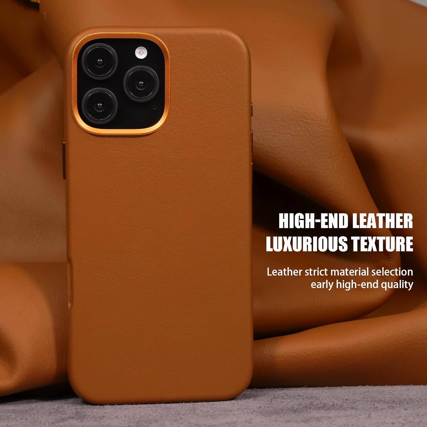 for iPhone 16 Pro Leather Case Brown | Full Grain Genuine Leather | Compatible with MagSafe and Wireless Charging | Metal Buttons Camera Bezel | Slim Fit | Drop and Scratch Resistant