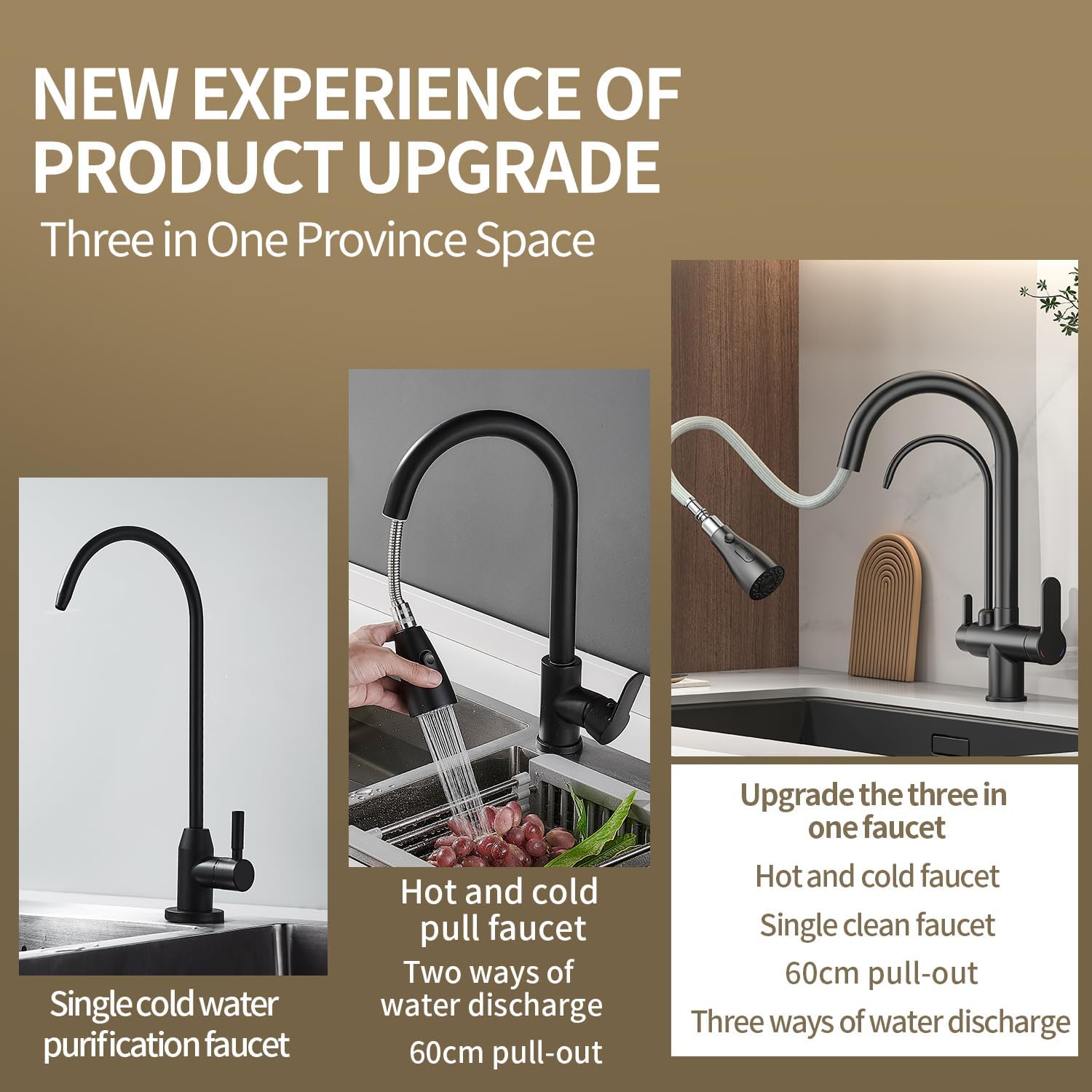 Kitchen Sink Faucet with Pull - Down Sprayer, 2 - Handle 3 - in - 1 Kitchen Sink Filter Faucet, Cold and Hot Mixer Drinking Water Faucet (3-in-1 Filter Faucet, Black)
