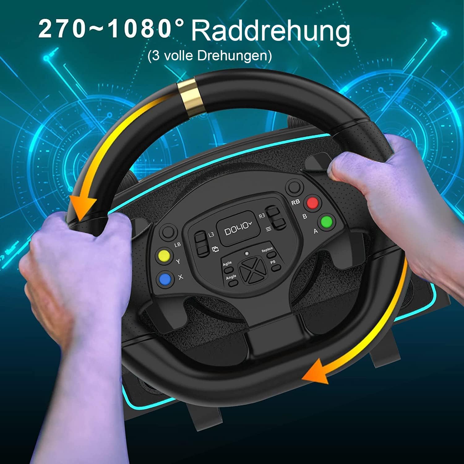 DOYO Gaming Lenkrad für PC, Rennlenkrad für Xbox One mit Hall Metall FußPedalen und Sechsgang-Schaltknüppel-1080° Drehung Lenkrad Kompatibel mit PC,PS4, PS3, Xbox One, Xbox Series X/S,Switch