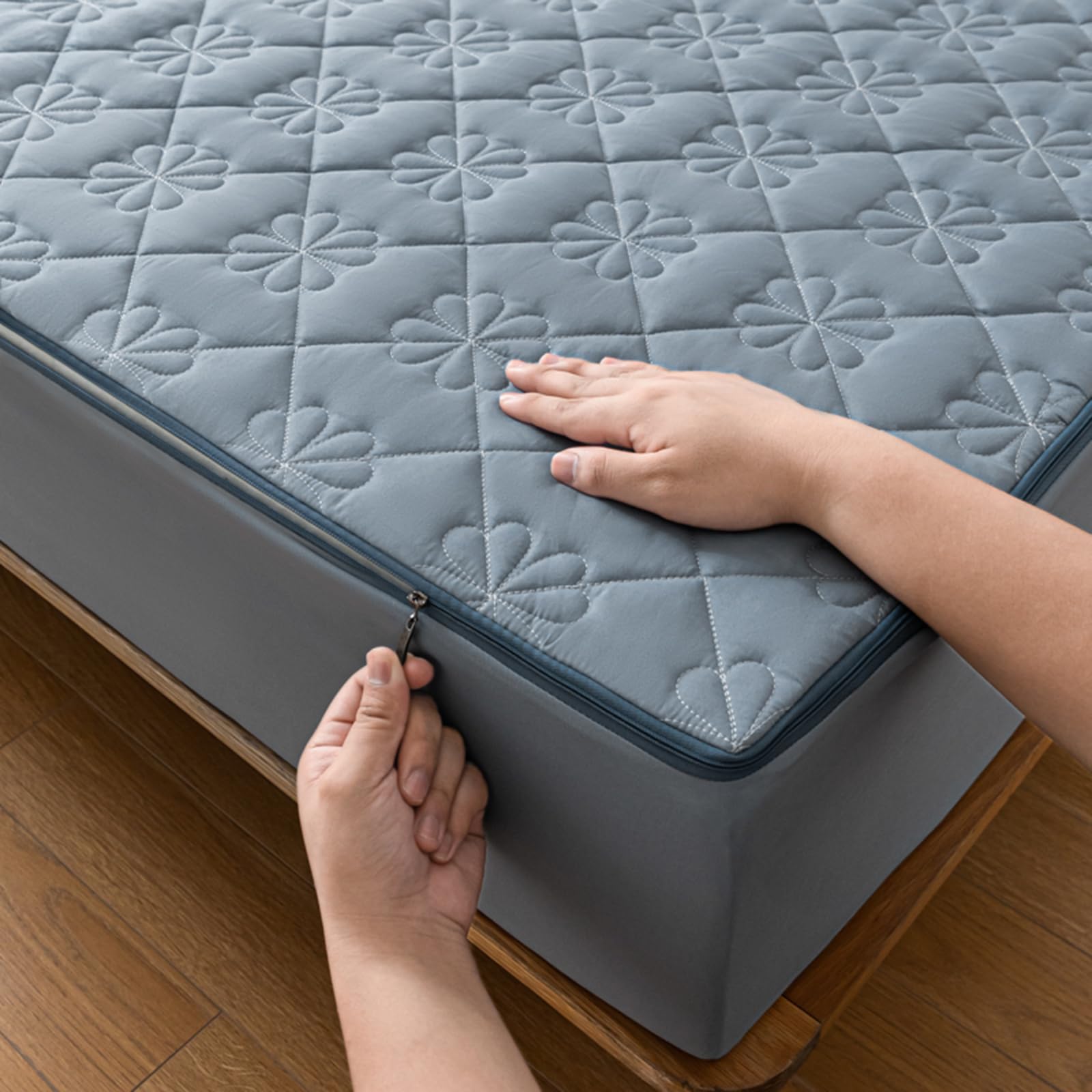Mattress Protector Double Bed Zipped Customizable Quilted Mattress Cover Single King Bed Fitted Sheet Breathable Mattress Topper Zip Up Bed Sheets Fully Total Encasement Cover (190x200+22cm,Blue)