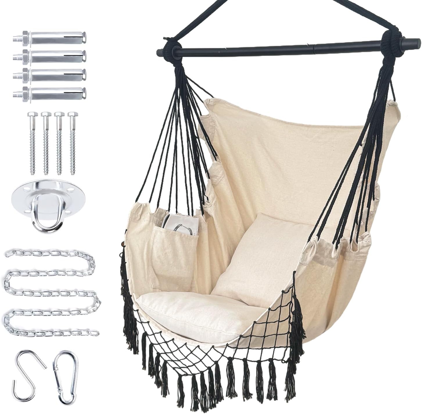 Hammock Chair Hanging Rope Swing Chair,Max 450 Lbs, Large Hanging Chair with Pocket, 2 Cushions, Removable Steel Bar, Hardware Kit Included, Superior Comfort for Indoor Outdoor (Dark Grey)