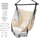 Hammock Chair Hanging Rope Swing Chair,Max 500 Lbs, Large Hanging Chair with Pocket, 2 Cushions, Removable Steel Bar, Hardware Kit Included, Superior Comfort for Indoor Outdoor (Dark Green)