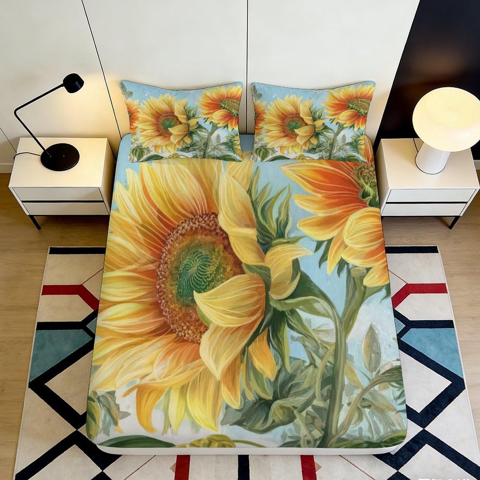 3D Printed Sunflower Bloom Fitted Sheet Microfiber Non-slip Mattress Cover Yellow Floral Decor for Bedroom Guest Room Dormitory 200x200x25cm