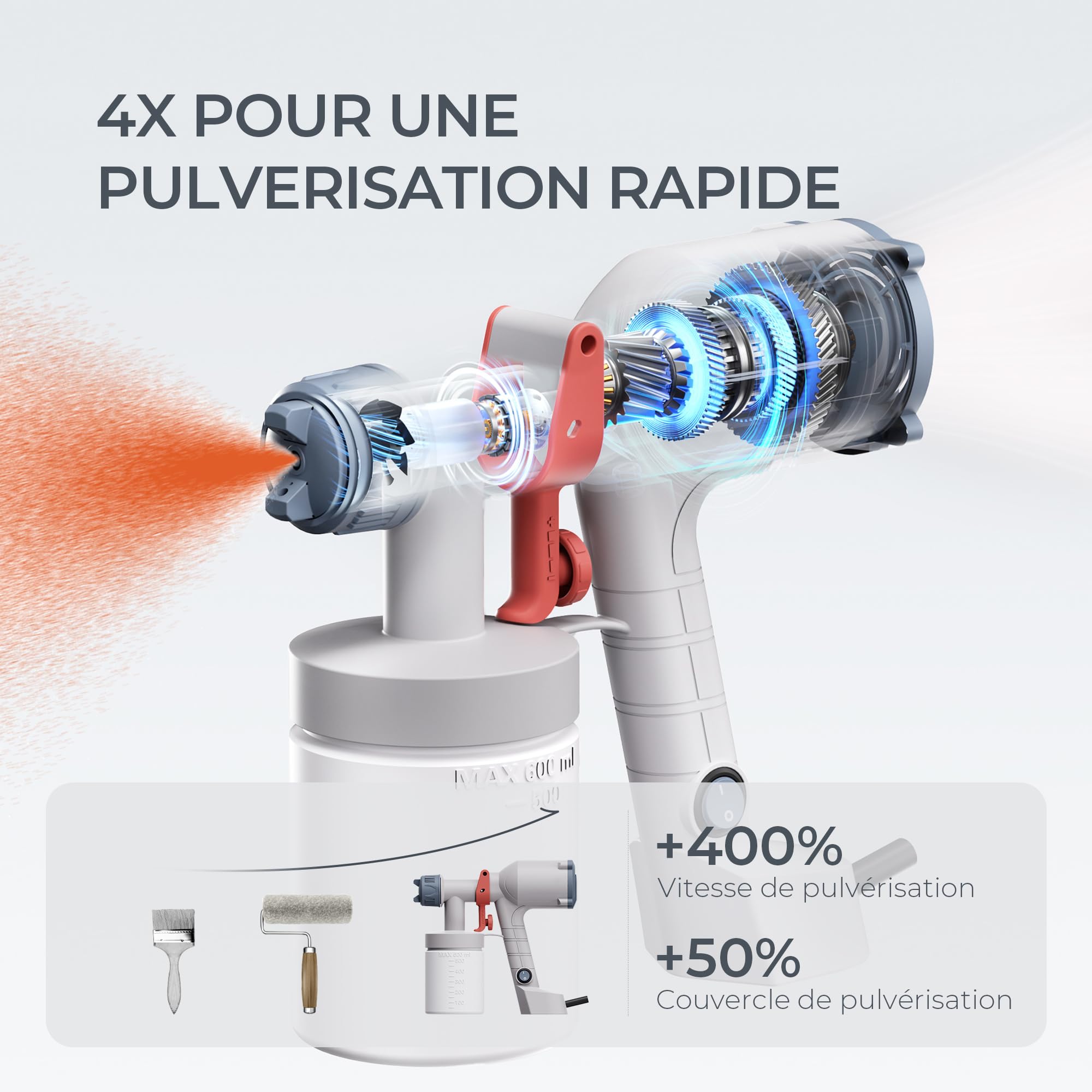 Tilswall Pistolet a Peinture Électrique Filaire Réservoir 600ml | Pistolet a peinture mur et plafond, buses 1.5/2mm, kit entretien, ultra-léger lavable et facile à nettoyer, paint spray gun