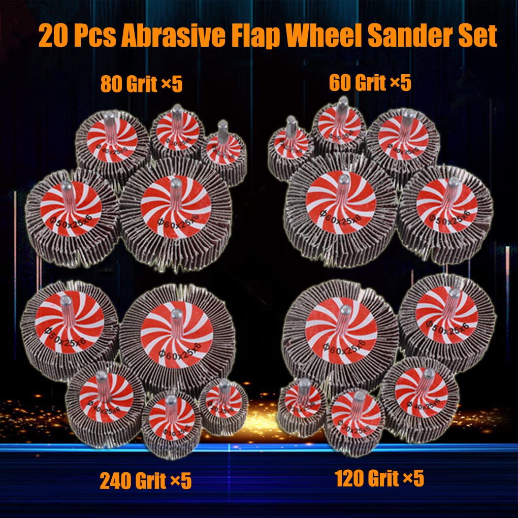 Mixiflor 20 Pcs 5 Sizes 60/80/120/240 Grits Abrasive Flap Wheel Sander, 1/4 Inch Shank Flap Wheels for Drill, Die Grinder Flap Wheel,Flap Wheel Sander for Drill: Industrial & Scientific