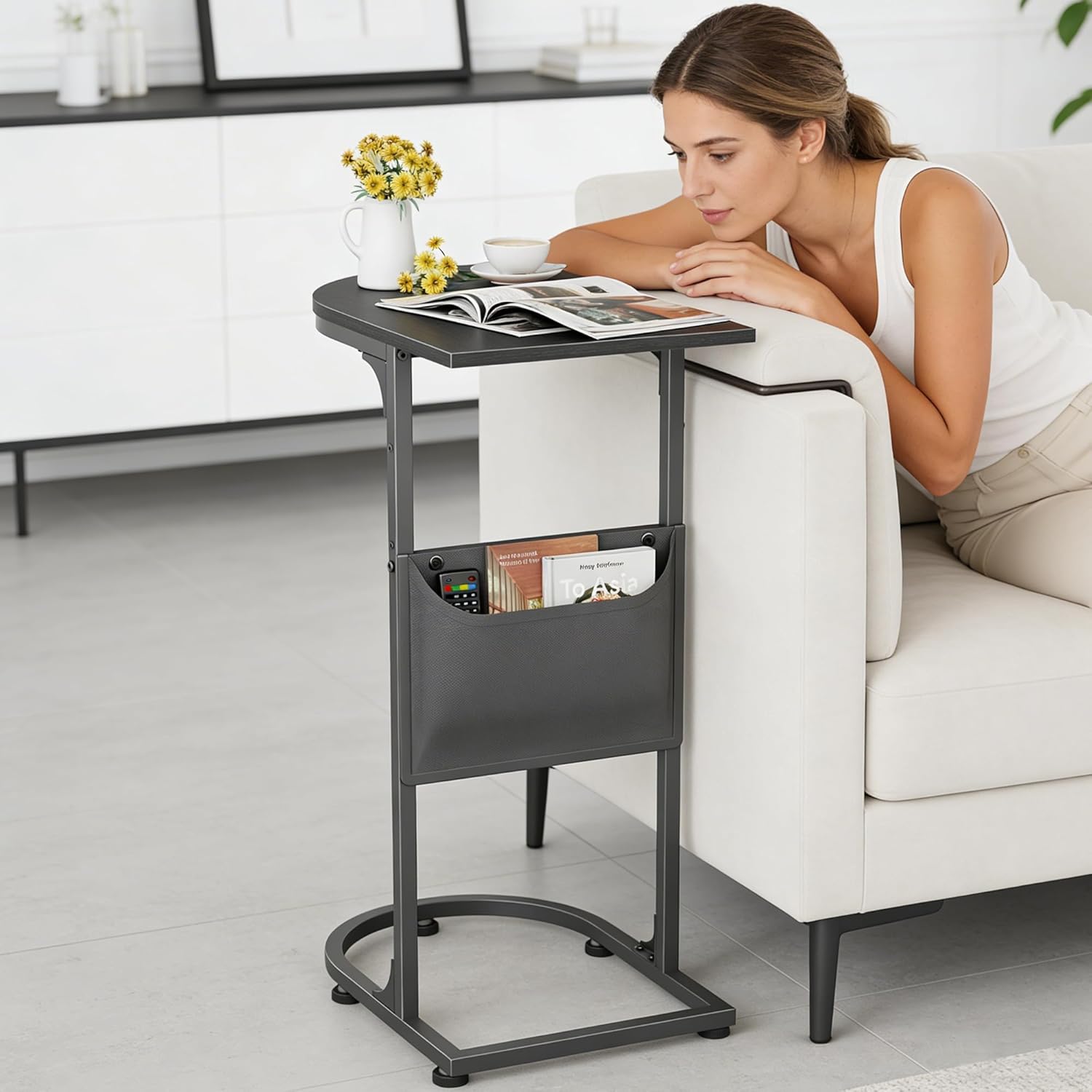 C Shaped End Table, Small Side Table for Couch, C Table for Sofa with Storage Bag that Slide Under, TV Tray Tables for Recliner Living Room Bedside Bedroom Small Spaces Black