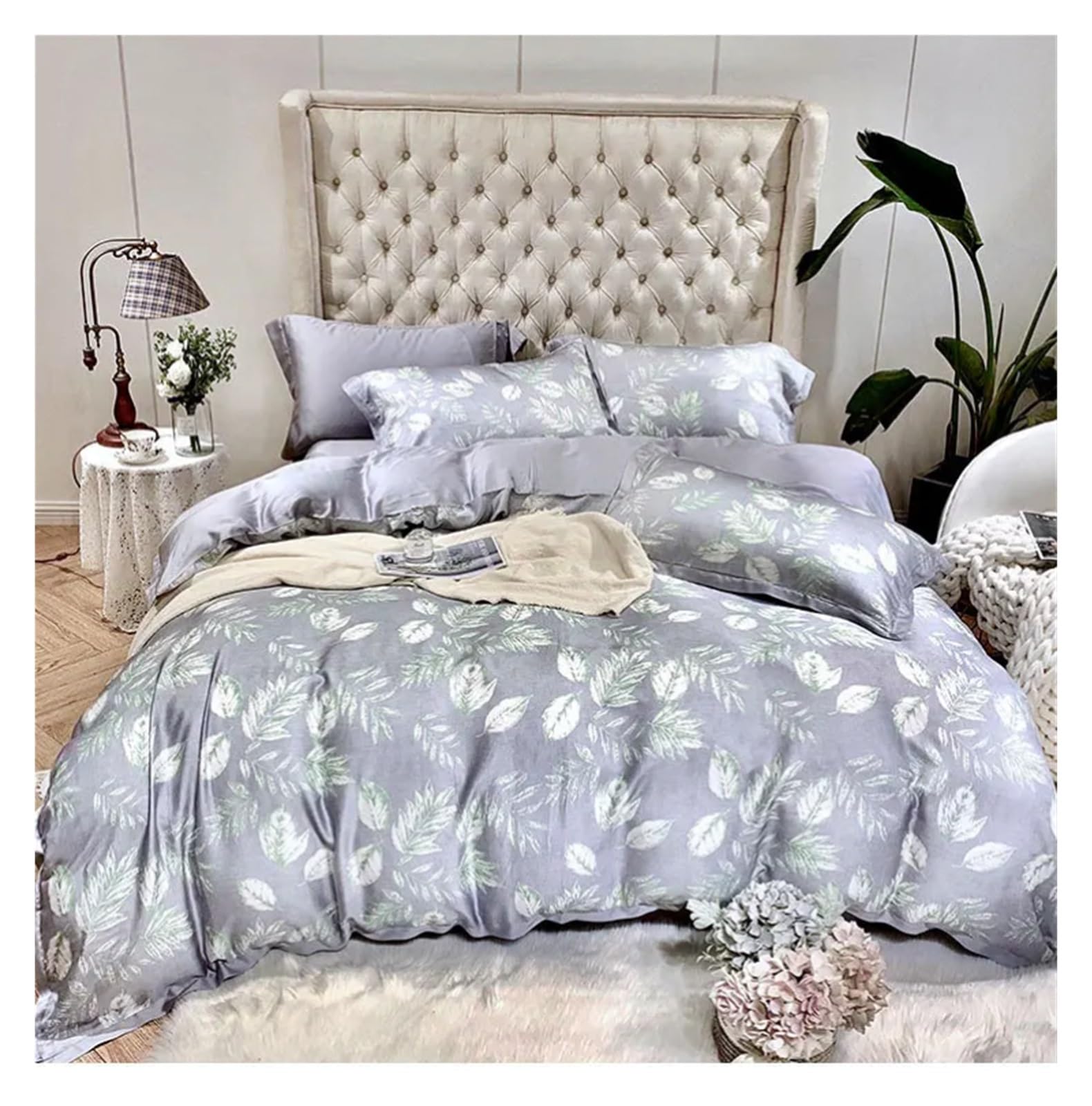 Sbcgfy G Duvet Cover Sets, Luxury Silk Floral Beddin Sets Queen Kin Size Reen Pink Sliver Blue Printed Duvet Cover Silk Comforter Bed Kit,-Kin