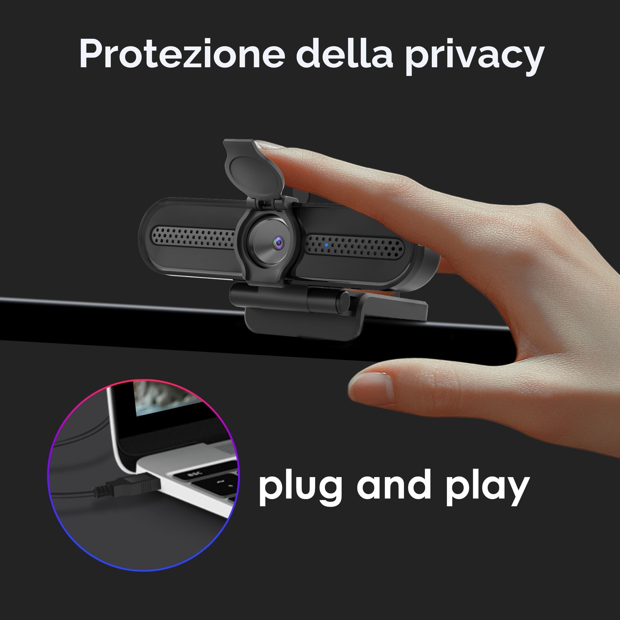 W4DS 2K Webcam, HD Webcam PC con Microfono, Autofocus, 78° View, Plug&Play, Microfono Riduzione Rumore, Protezione della privacy, USB Webcam per Videochiamate, Conferenza, Studio e Streaming