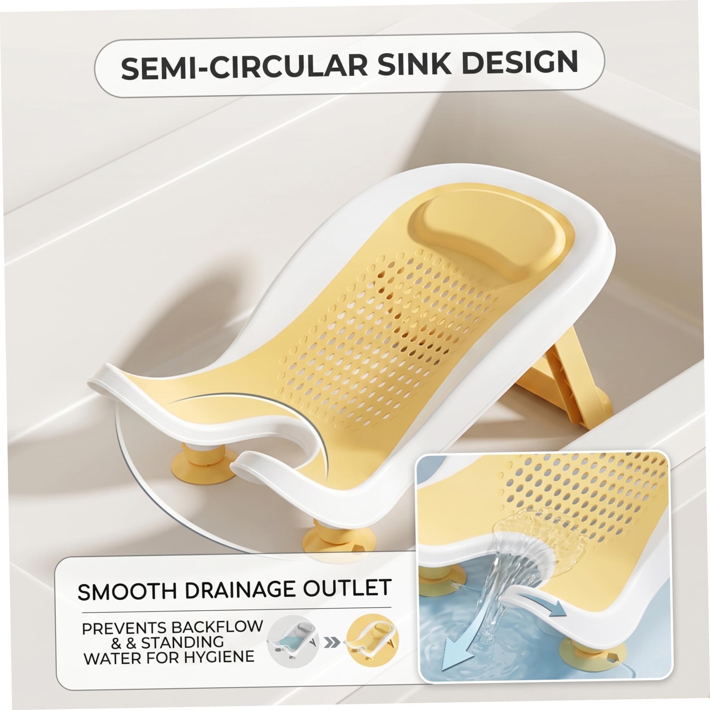 Bañera para lavabo para bebé, soporte para bañera para lavabo para bebé, higiénico sin retrolavado con respaldo ergonómico y ventosas, amarillo