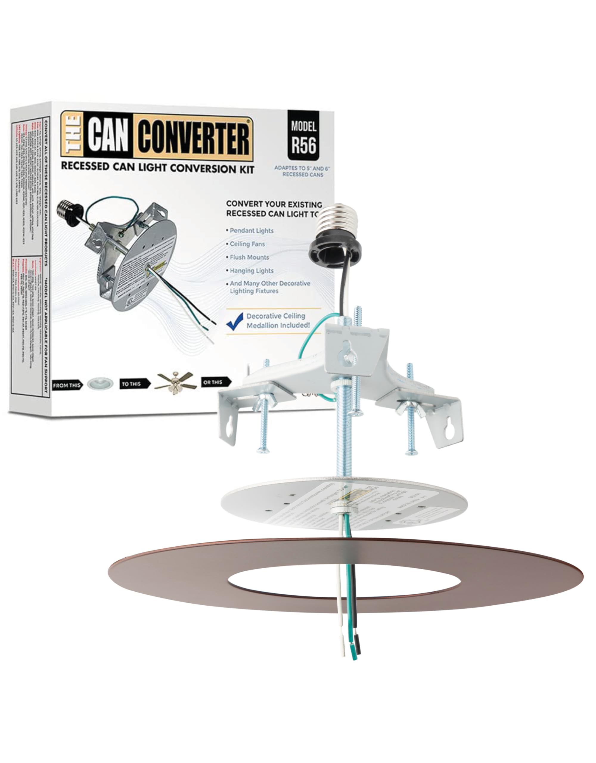 The Can Converter R56 Recessed Can Light Conversion Kit w/ 7"¾ Flat Ceiling Medallion - Home Improvement for 5" &amp; 6" Cans, Converter Kit for Fan &amp; Light Fixture, UL Certified, Oil Rubbed Bronze