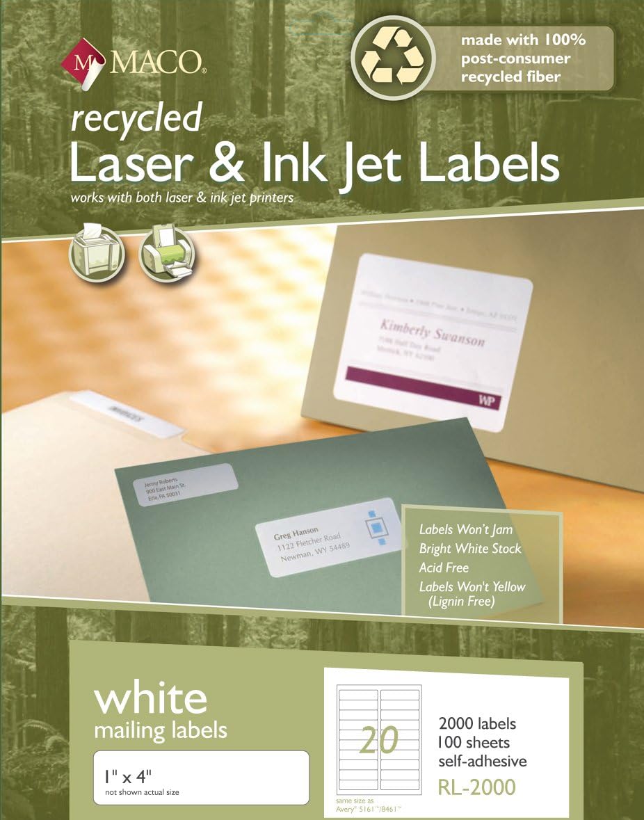 MACO Recycled Laser/Ink Jet White Address Labels, 1" x 4", 20 per Sheet, 2000 per Box (RL-2000)