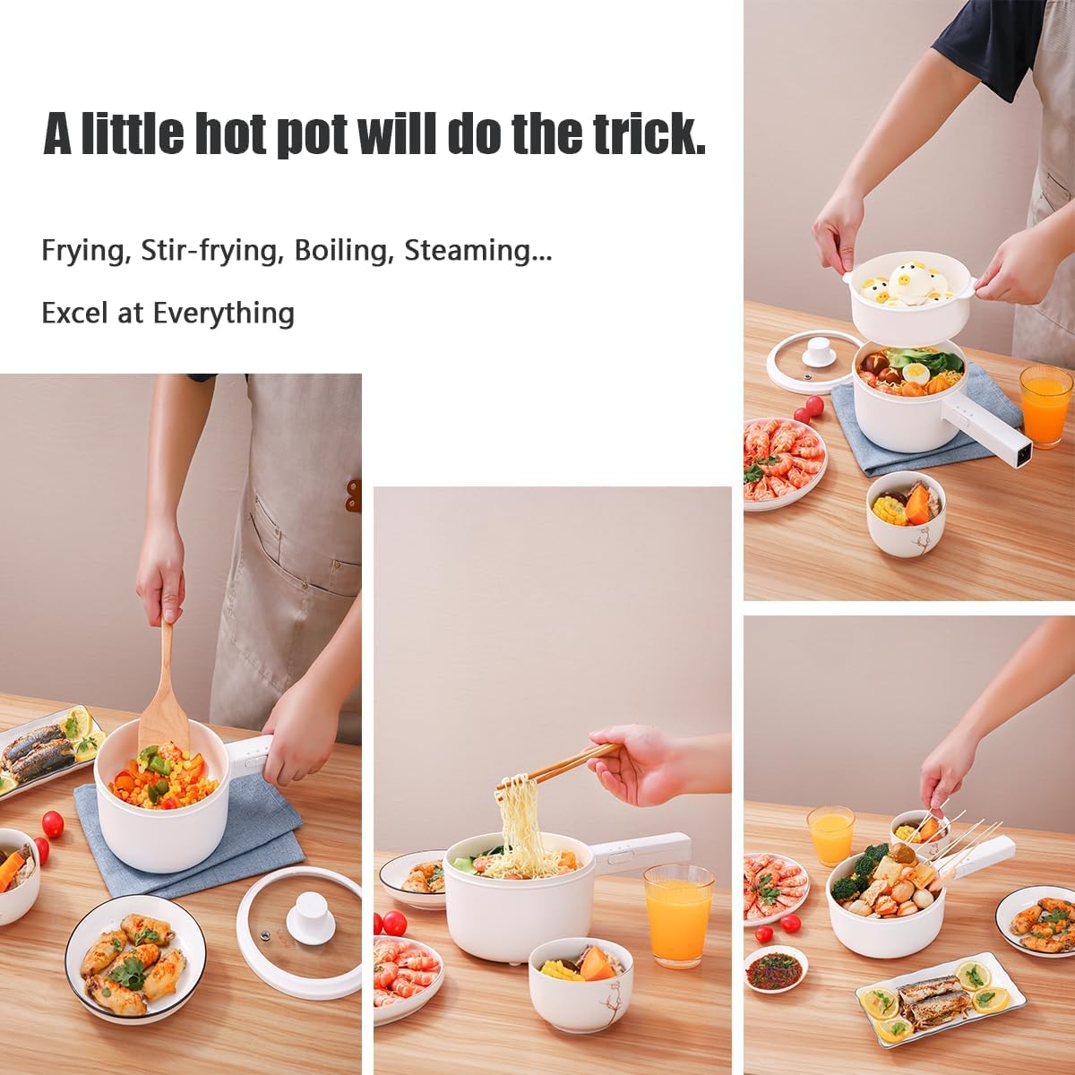 Elektrischer Hot Pot 1.5L mit Dämpfern, Elektrische Pfannen für Braten/Ramen/Fondue/Suppe, geeignet für Wohnheim/Camping/Haus, Keramische Antihaftbeschichtung, Duale Leistungsregelung, Hell-Beige
