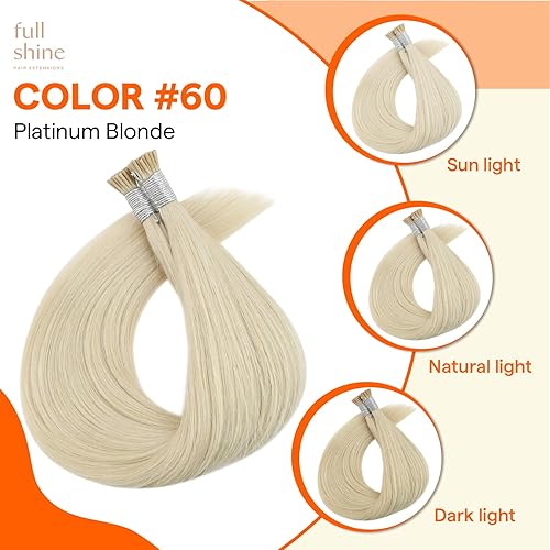 Miniatura 3 de Full Shine - Extensiones de cabello humano con punta en I, de 16 pulgadas, con queratina, de color rubio platino 60 y preunidas, 0.03 onzas por