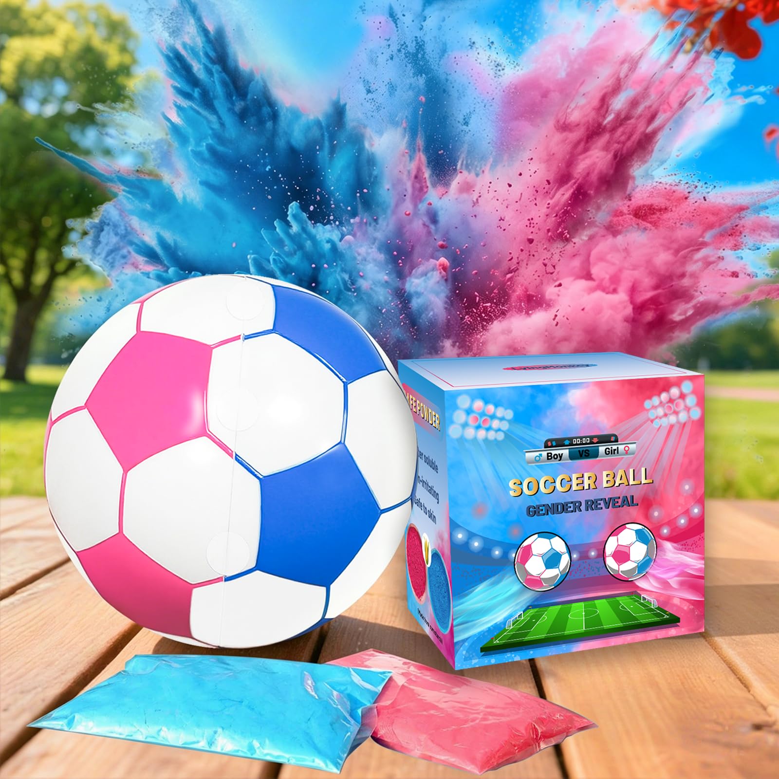 Photo 1 of LyingMonkey Gender Reveal Soccer Ball with Blue and Pink Powder, Gender Reveal Ideas for Baby Boy or Girl, Revelacion de Sexo de Bebe with 2 Big Bags of Powder,Sticker and Wipes
