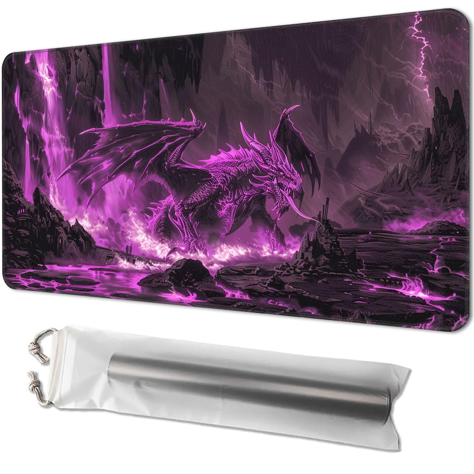 Playmat for TCG, with Free Storage Bags, Game Mat 24 x 14 inches, MTG and Board Game Mat for Cards, Ideal for Card Game Enthusiasts, Purple Dragon 03