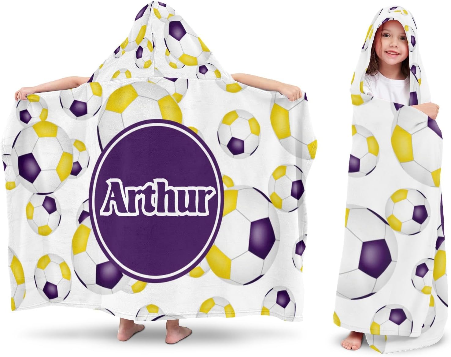 Hooded Bath Towels for Kids, Purple Gold Team Colors Soccer Balls Pattern Personalized Towel for Swimming Robe | Bathing | Beach | Birthday Gifts