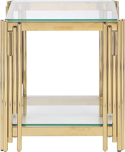 Miniatura 4 de Yoluckea Mesa auxiliar cuadrada de cristal de 20 pulgadas, mesa auxiliar moderna de cristal templado de lujo de 2 niveles con patas de acero