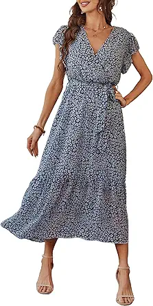 PRETTYGARDEN Women's 2023 Floral Boho Dress Wrap V Neck Short Sleeve Belted Ruffle Hem A-Line Flowy Maxi Dresses