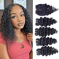 Vista 13 de Extensiones de cabello humano brasileño rizado profundo con cierre, 3 paquetes con cierre (10, 10, 10, 10+10), parte media, 4 x 4 pulgadas, cierre