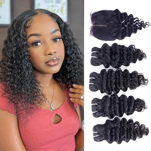 Miniatura 13 de Extensiones de cabello humano brasileño rizado profundo con cierre, 3 paquetes con cierre (10, 10, 10, 10+10), parte media, 4 x 4 pulgadas, cierre