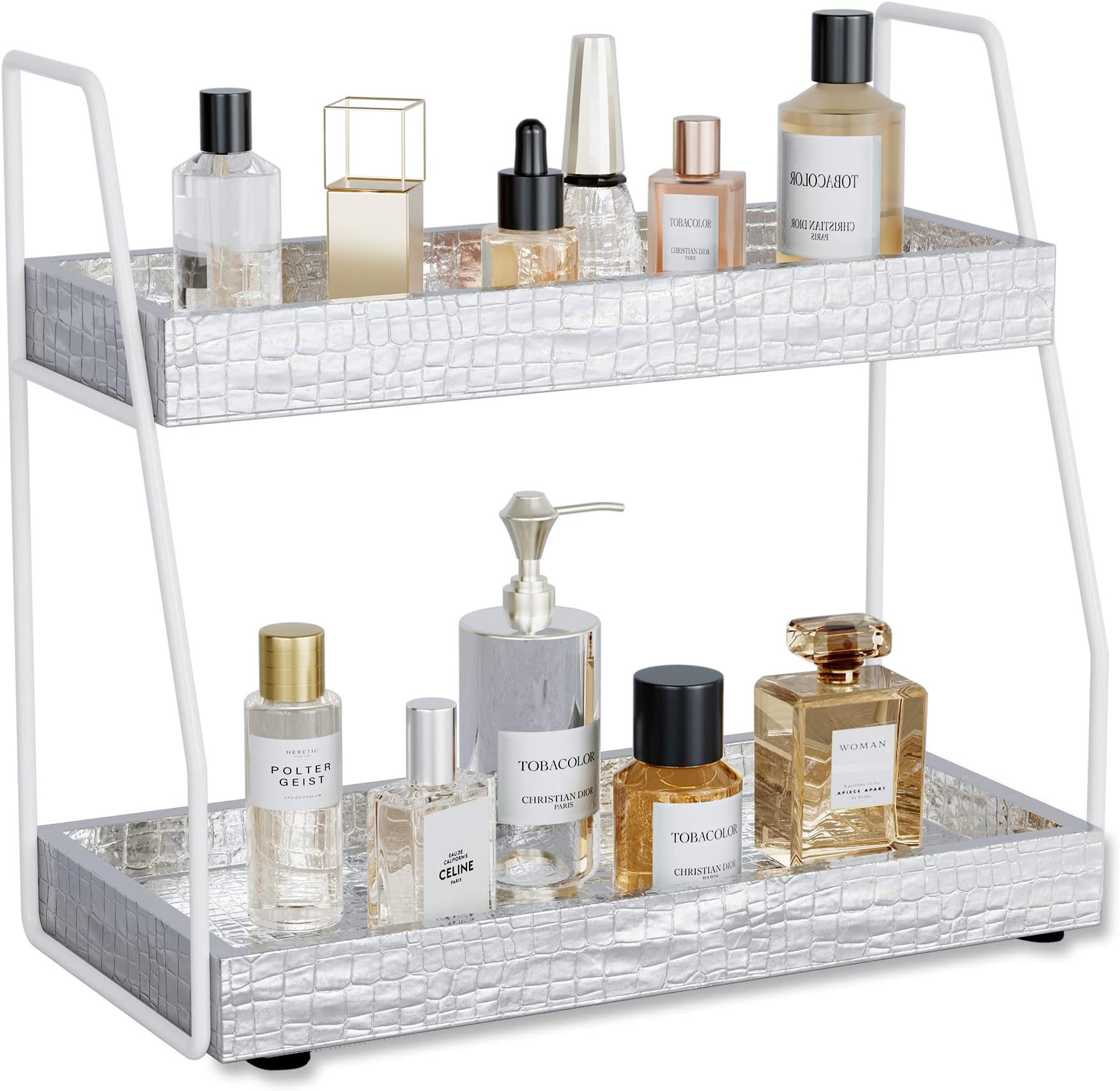 ZGO 2-Tier Bathroom Organizer Countertop, Faux Leather Bathroom Organizers and Storage, Bathroom Countertop Organizer Makeup Organizer for Vanity Organizers(Silver)