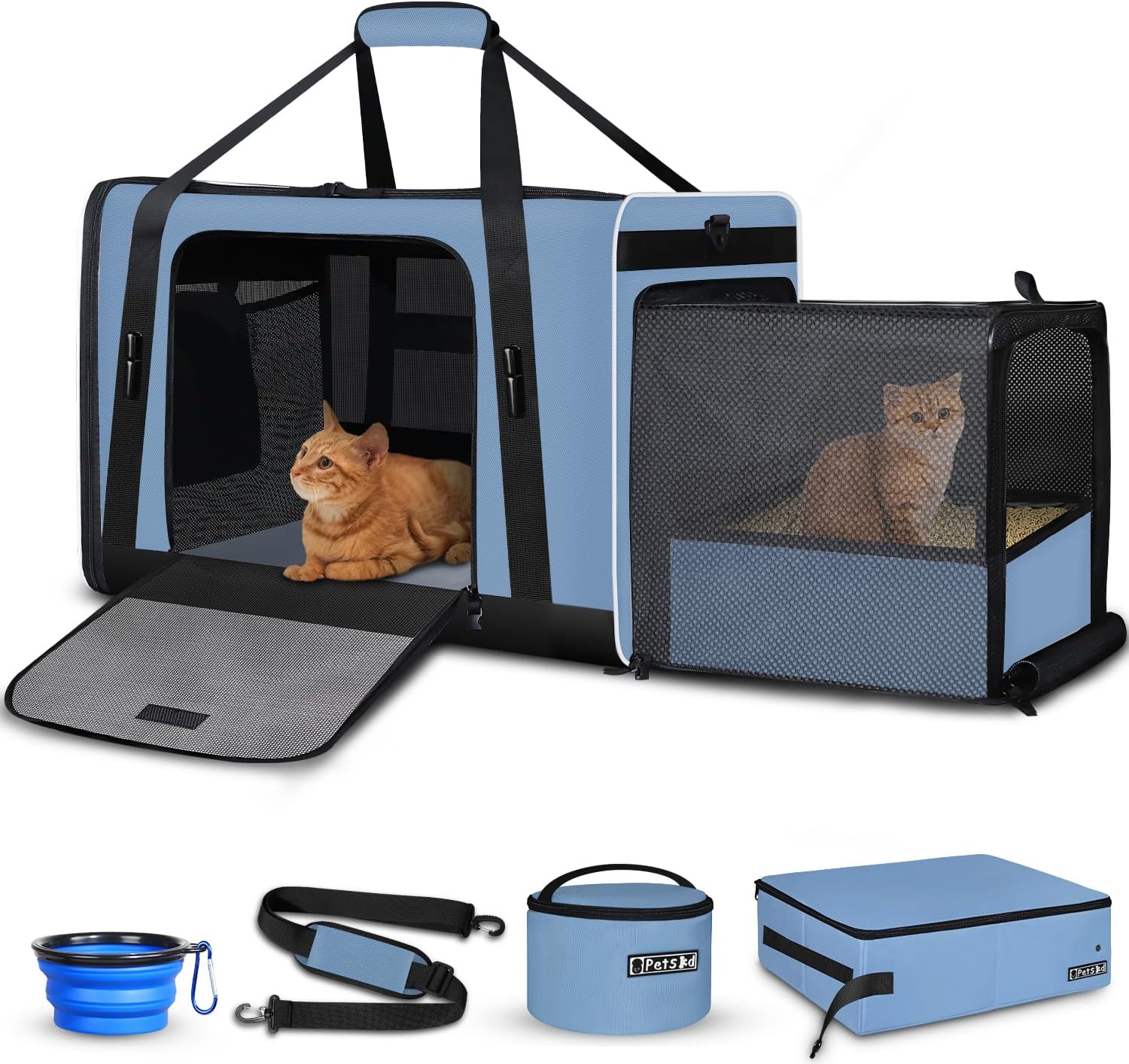 24"x17"x17" Petskd Side Expandable Extra Large Cat Carrier with Litter Box Area for Car Travel, Collapsible Soft Large Pet Carrier or 2 Cats Under 55LBS with Seat Belt Buckles(Blue)