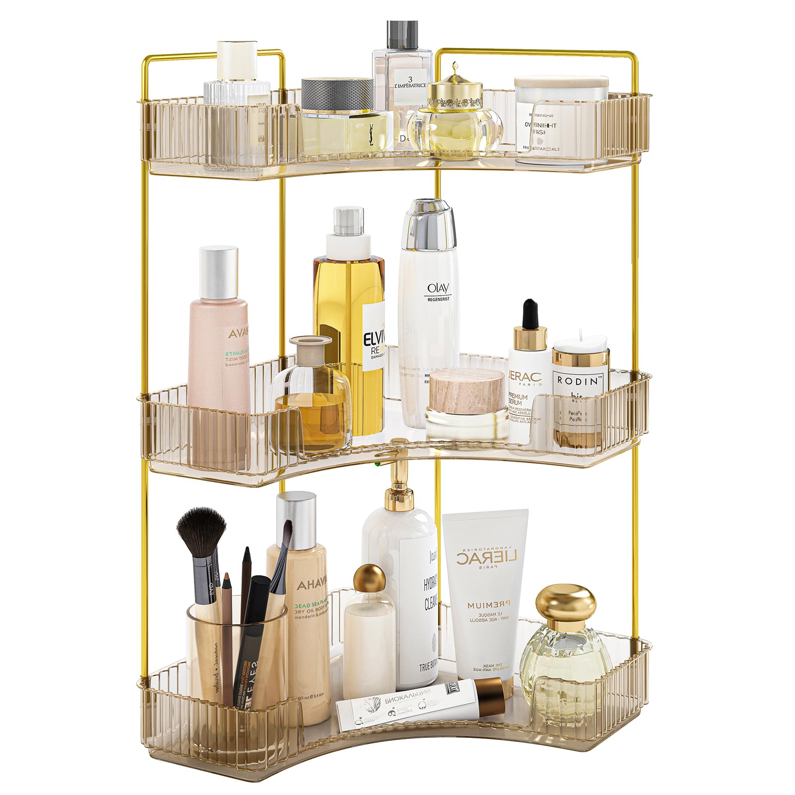 Fixwal Corner Bathroom Counter Organizer, 2 Tier Transparent Countertop Storage for Cosmetics, Skincare, Perfume, Makeup Organizer for Vanity, Spice Rack for Kitchen (Amber)