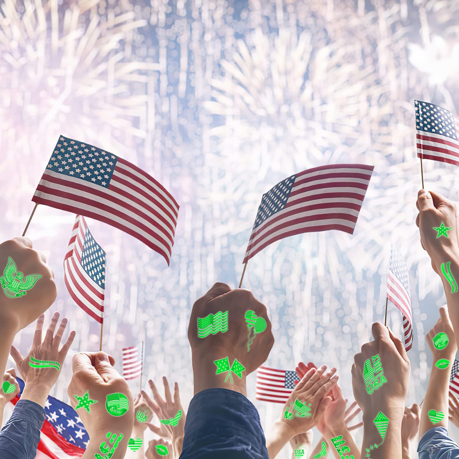 20 Sheets 4th of July Decorations, Glow in the Dark Luminous Temporary Tattoo, Patriotic Tattoos for Memorial Day, Independence Day, Labor Day