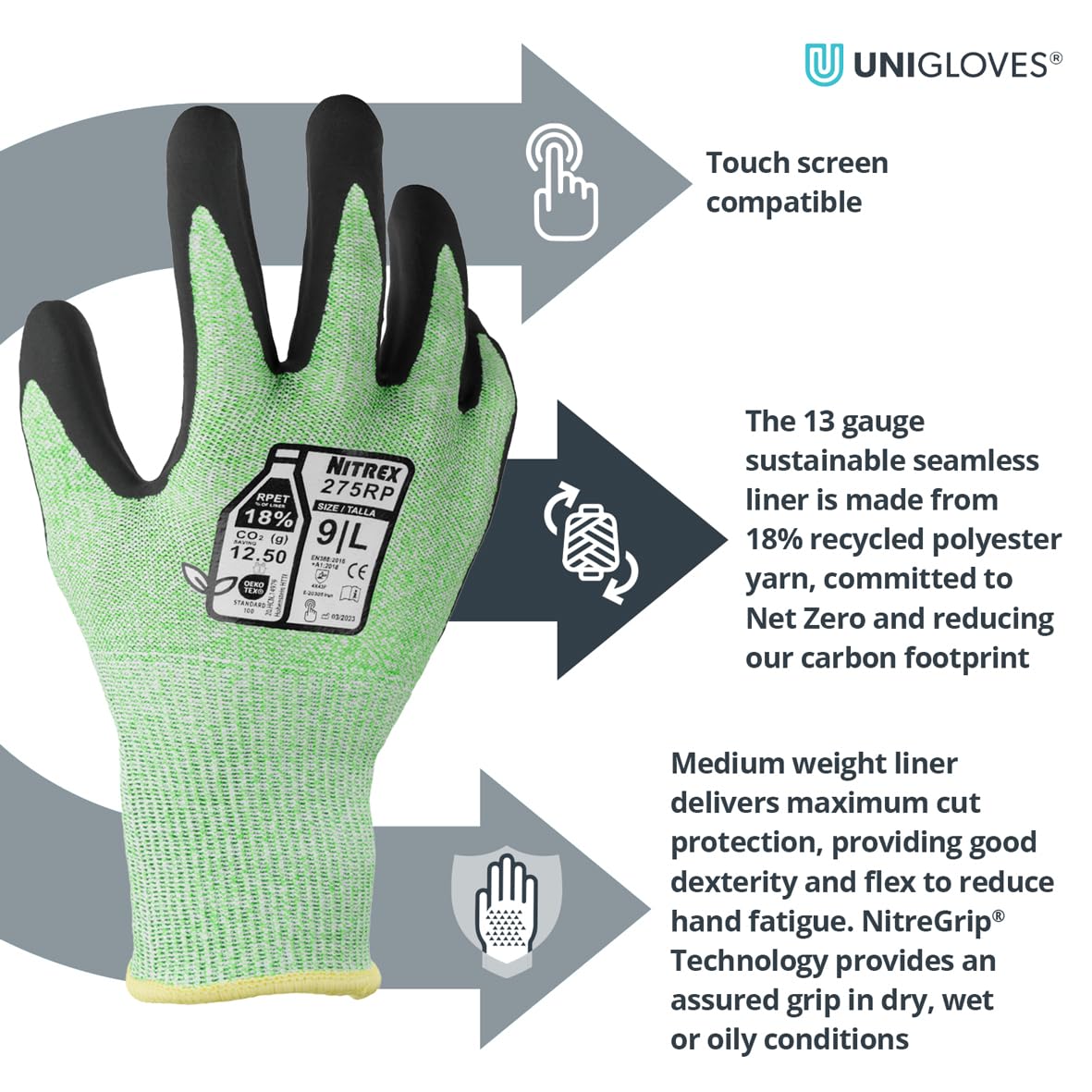 NITREX 275RP - Guantes de seguridad para el trabajo, 5 pares de guantes de seguridad de nitrilo arenoso, recubiertos en la palma, resistentes a los cortes, sostenibles, guantes para pantalla táctil,