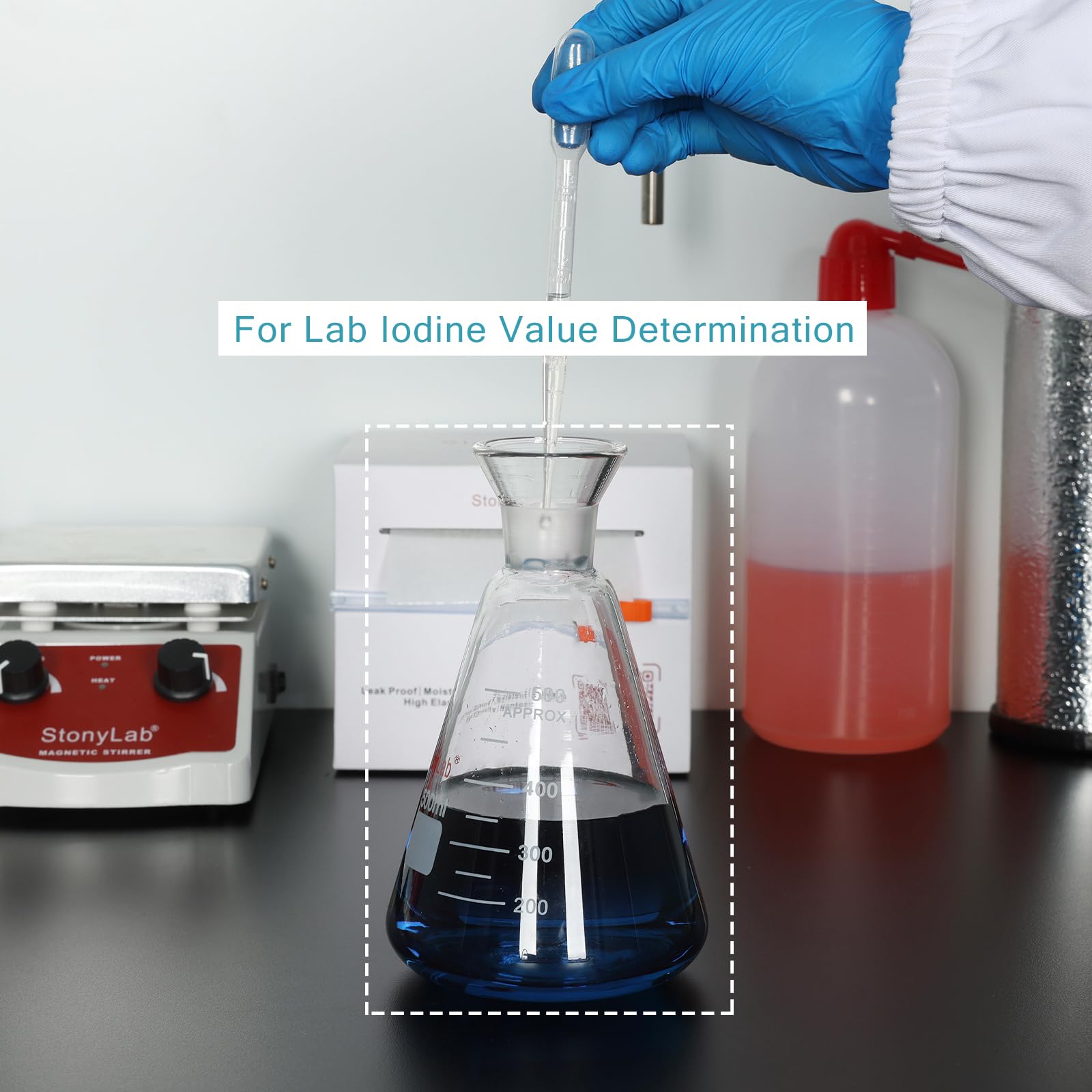stonylab Frasco de Yodo con Tapón, Capacidad de 500 ml, Diseño de Boca Ancha, Vidrio de Borosilicato G3.3, Para la Determinación del Valor de Yodo en Laboratorio