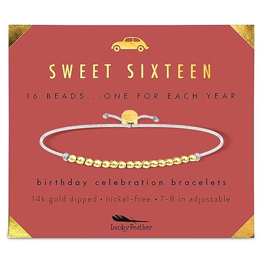 Lucky Feather Sweet 16 Gifts for Girls | 16th Birthday Bracelet Gift Idea for 16 Year Old | 16 year old girl gifts on Adjustable Cord | 16th birthday gifts for girls | Silver, Gold, Rose Gold Dipped