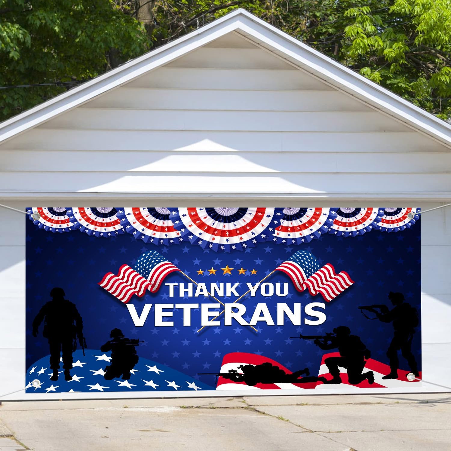 Veterans Day Garage Door Backdrop Cover, 16 x 7 ft Thank You Veterans Patriot American Flag Garage Door Background Remember and Honor Memorial Day Garage Decoration Outdoor Party Banner