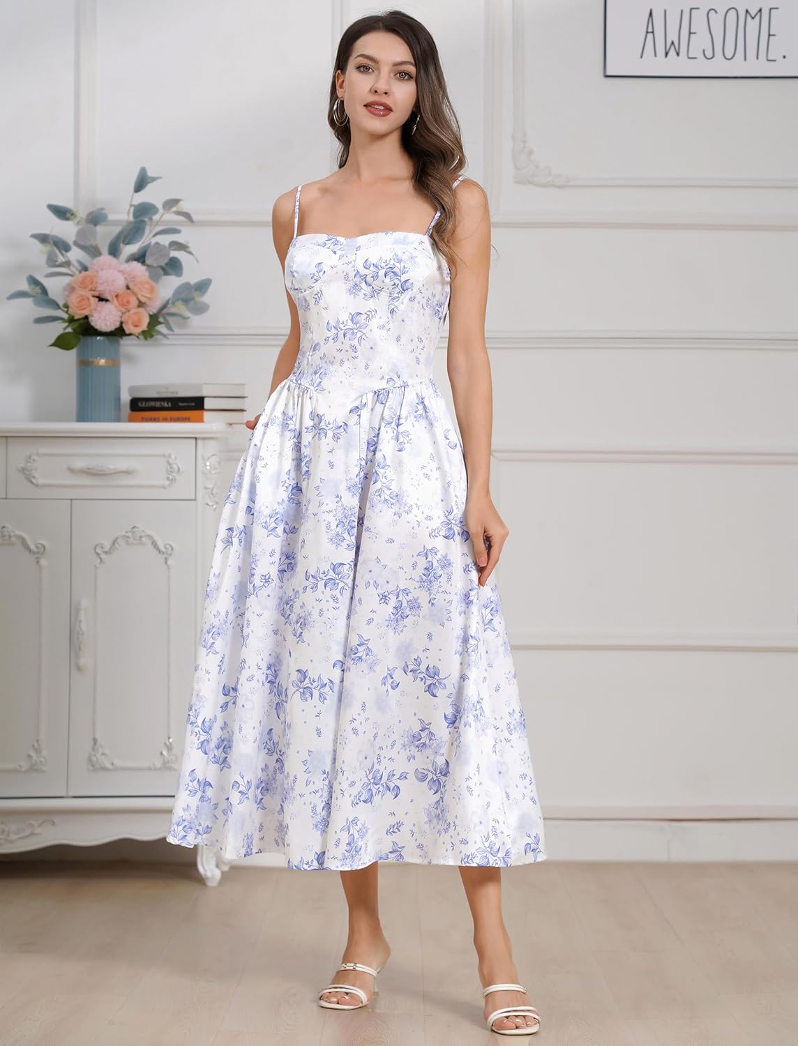 Casual Dresses for Women Boho Spaghetti Strap Corset Midi Dress with Pockets Low Cut Flowy Pleated Bustier Sundress