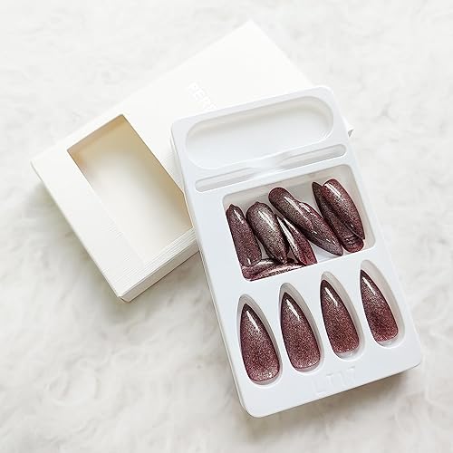 Miniatura 3 de Uñas postizas a presión con diseño de ojo de gato, uñas postizas hechas a mano con uñas acrílicas marrones con purpurina, uñas adhesivas de