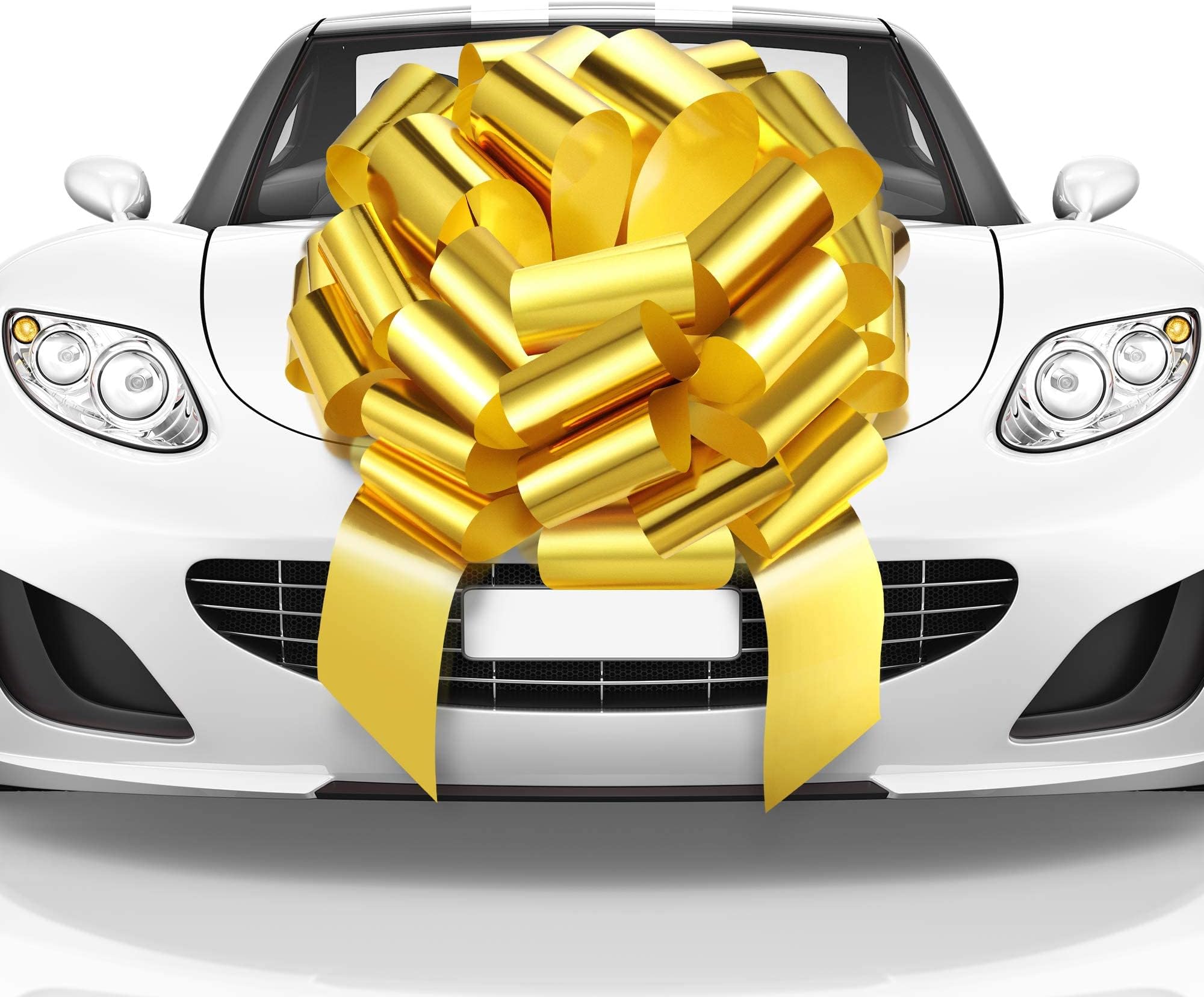 Mata1-USA - Huge Car Bow - Gold, 23 Inch - Big Gift Wrapping Bow for Large Gift Decoration - Giant Size for Indoor & Outdoor Use - 26 Loops & 4 Stickers