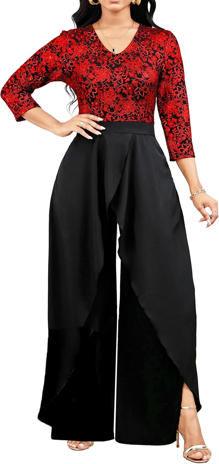 SxClub Elegant Red Sparkly Jumpsuit for Women Sexy Long Sleeve Long Split lightweight Pants Cocktail Party Club Jumpsuits with Zipper(Large)