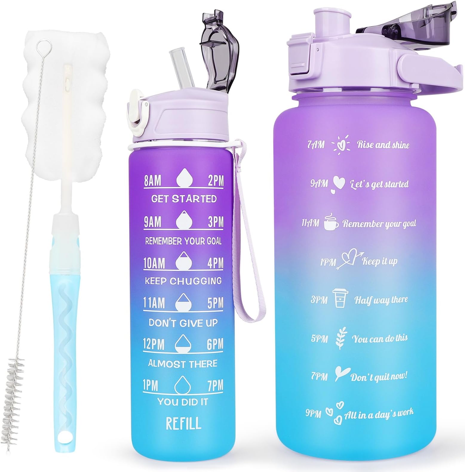 2 Pack Water Bottles BPA Free 2L+750ml, Sport Water Bottle with Time Marking & Straw,2 Liters Gym Drinks Bottle with Brush, Large Motivational Water Jug for Aduluts Women, Time Marker Canteen Bottle