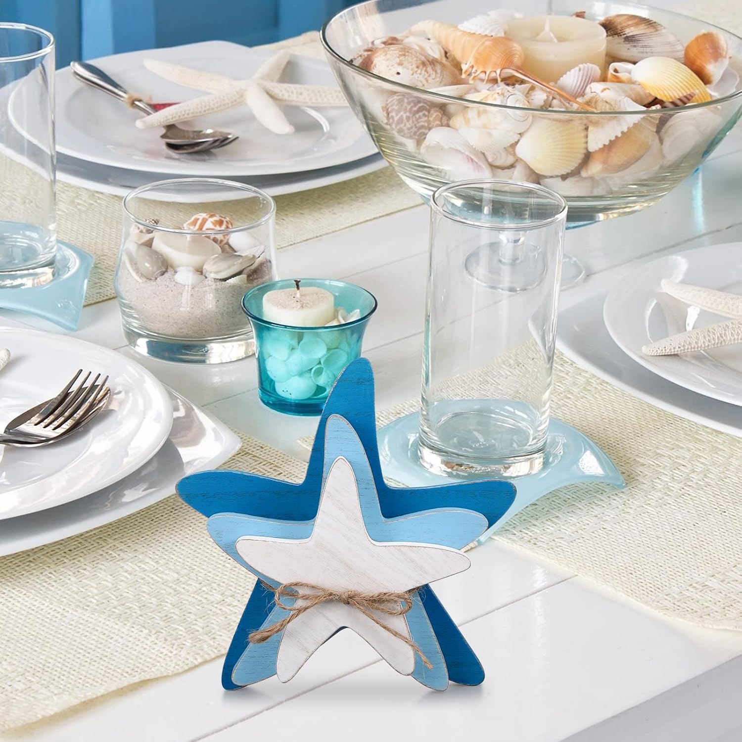 3 Pcs Beach Summer Table Decor Starfish Seashell Coastal Wooden Sign Ocean Tiered Tray Decor Rustic Nautical Table Centerpieces for Farmhouse Home Bedroom Office Desk Shelf Mantel