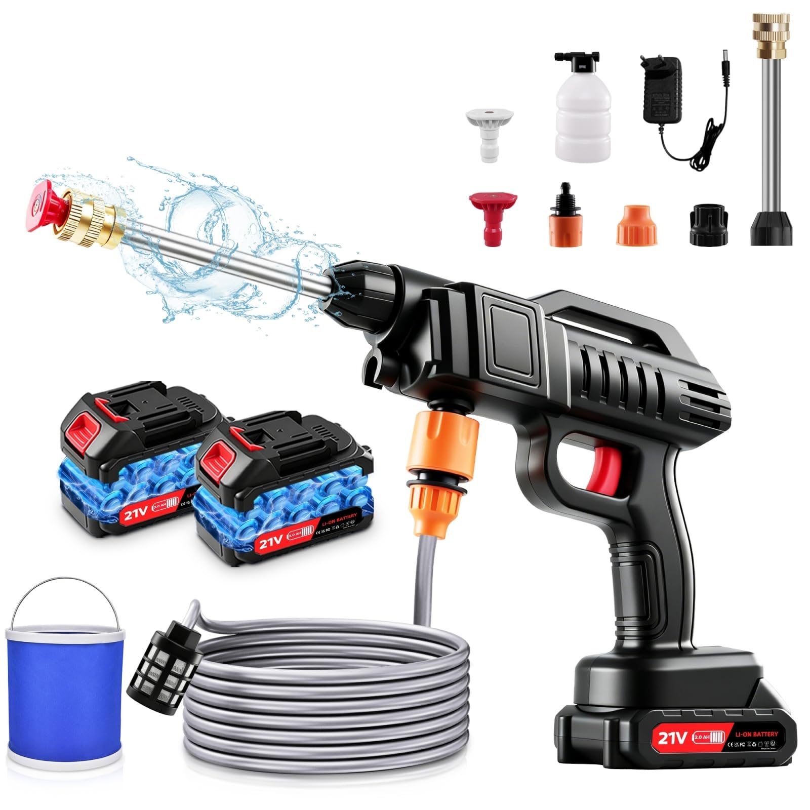 1500W Nettoyeur Haute Pression sans Fil avec 2 * 2Ah Batterie 21V Portable avec 2 Buses (0° 40°) 5m Tuyau Seau Connecteur Pot en Mousse Adapté pour Nettoyer Les Voitures