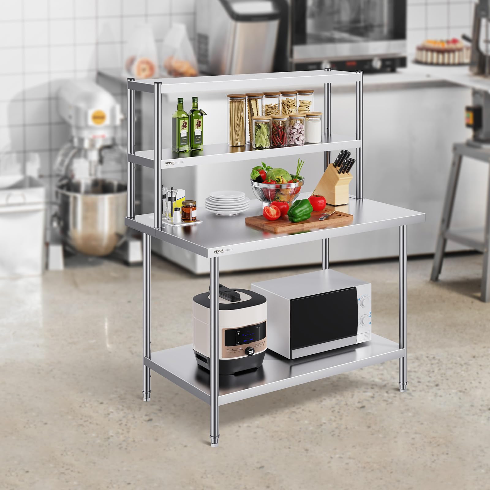 VEVOR Estante Superior de Doble Nivel de Acero Inoxidable 305x1219x600 mm Mesa de Preparación de Estante Ajustable en Altura para Cocina, Restaurante, Taller