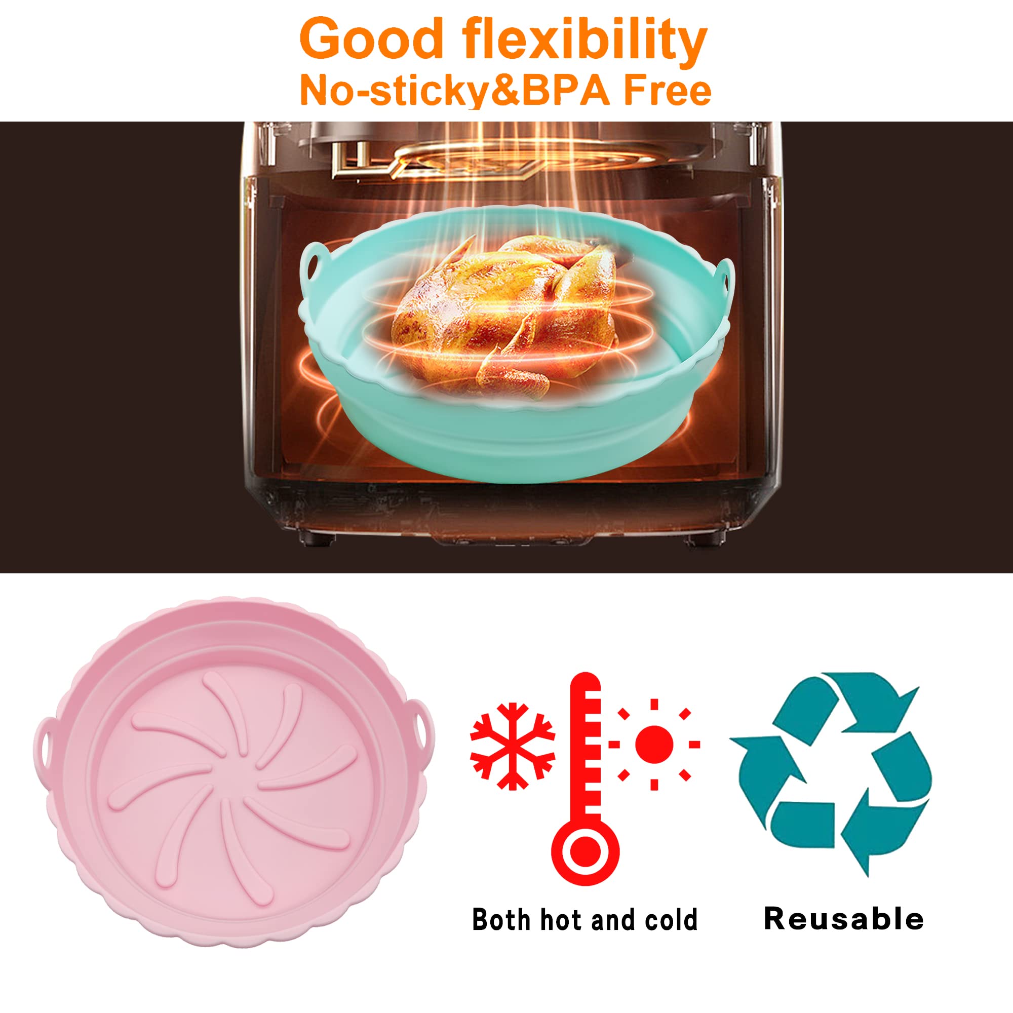 2-Pack Silicone Air Fryer Liner Folding Air Frying Silicone Liners, More Space Saving, Air Frying Silicone Basket,for 3 to 5 Qt for Air fryer Oven Accessories (Pink + Mint + Food Clip)