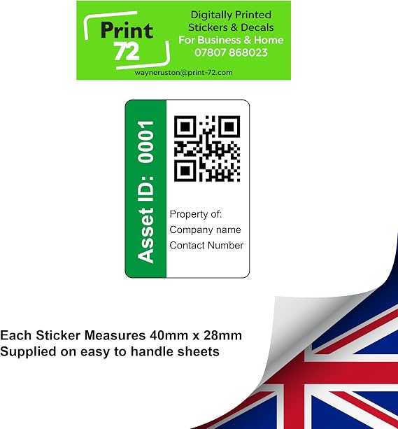 250 Serialised QR Code Asset Tag Labels custom stickers- Green. 40mm x 28mm Permanent Vinyl Labels