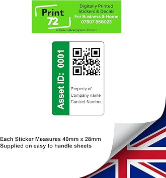 250 Serialised QR Code Asset Tag Labels custom stickers- Green. 40mm x 28mm Permanent Vinyl Labels